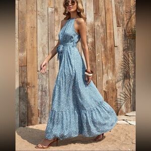 Baby Blue Bohemian Ditsy Floral Ruffle Hem Halter Belted Dress
